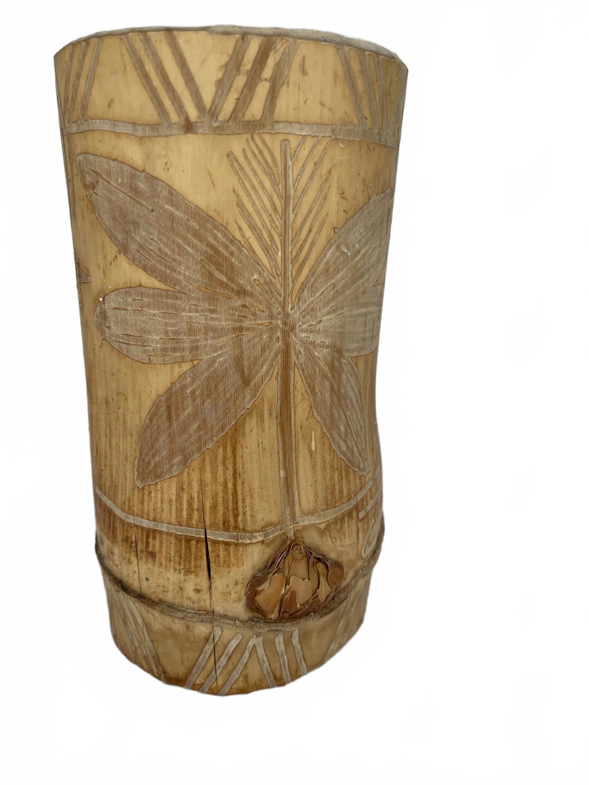 Handcrafted Vintage Hand Carved Bamboo Tiki Cup Vase Etched with Nature Designs