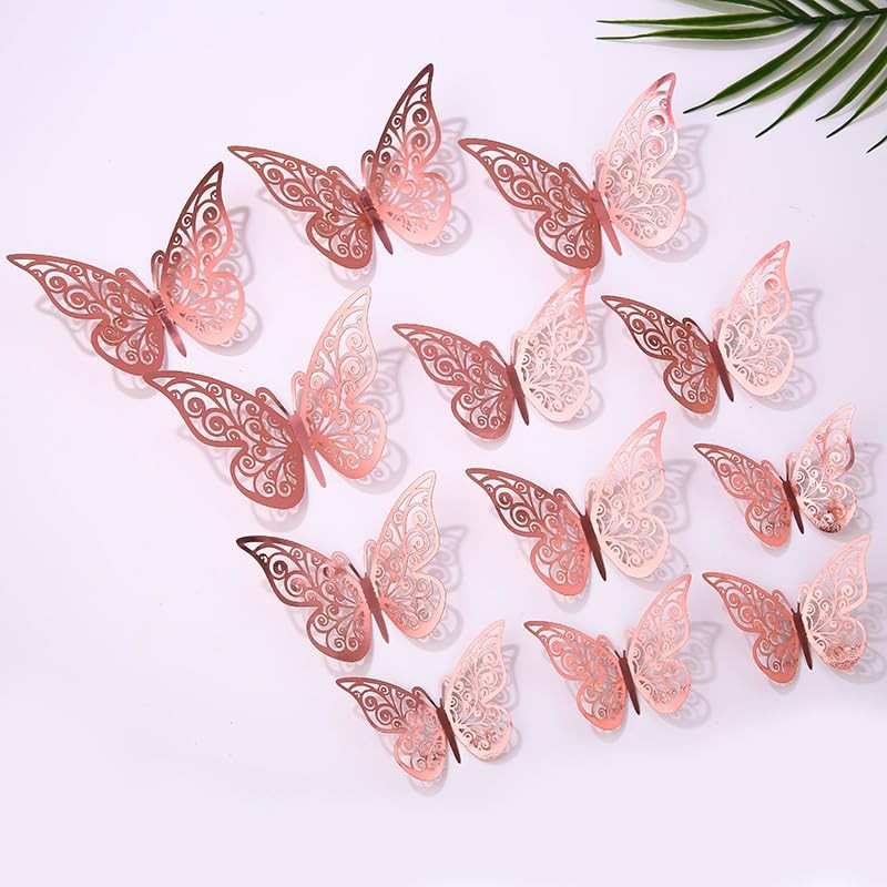 3D Butterfly Wall Decor 48 Pcs 3 Sizes, Rose Gold