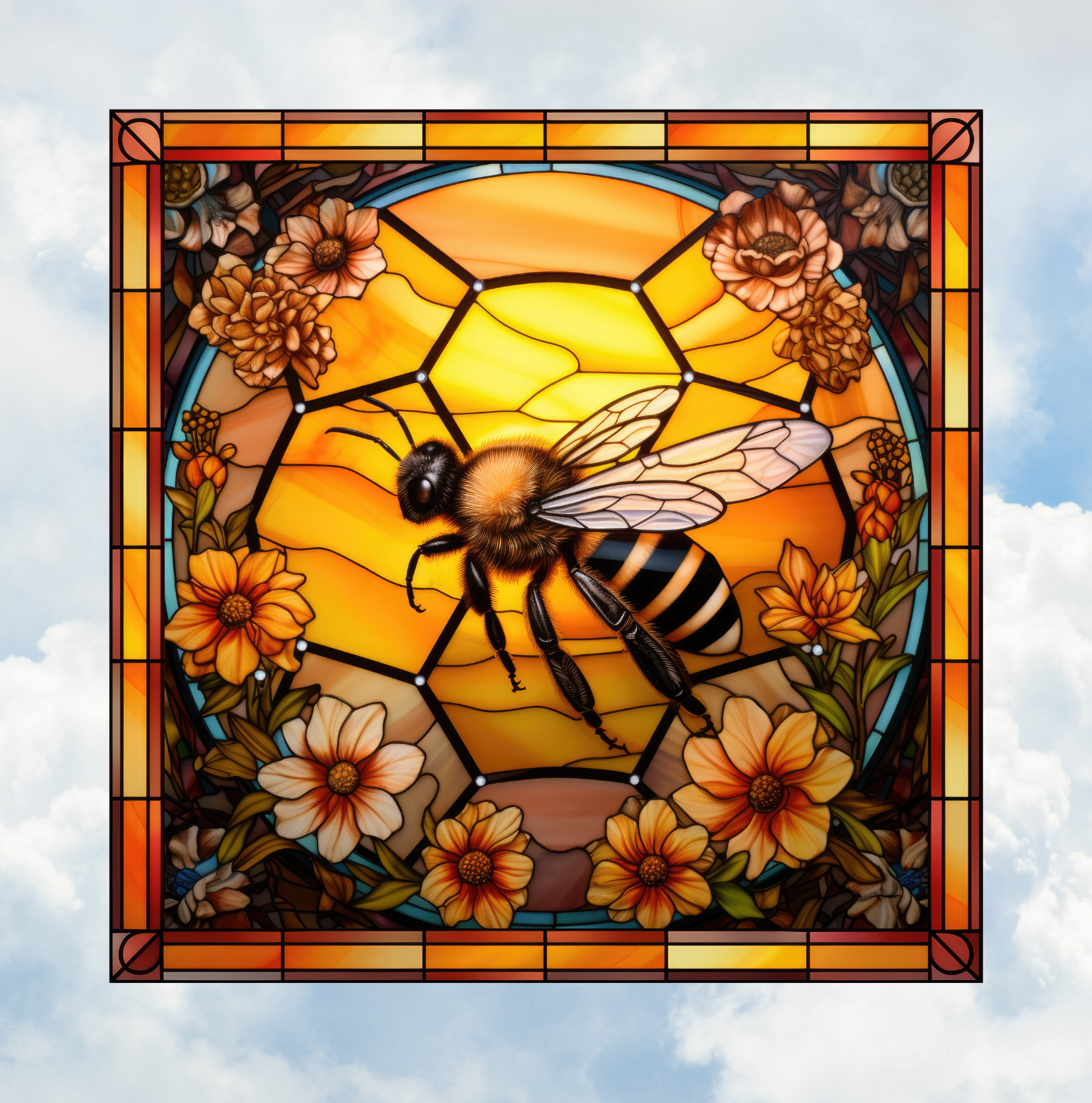 Bee Honeycomb Faux Stained-Glass WINDOW CLING Size 8" Square Vinyl