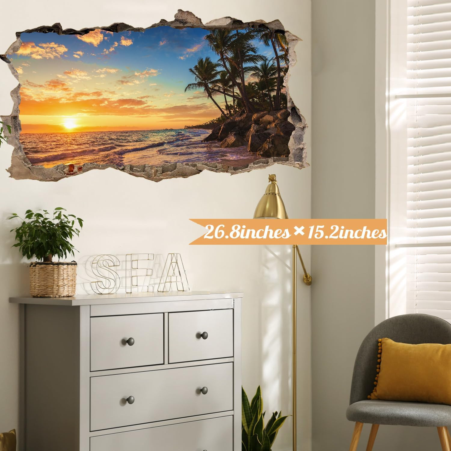 3D Sunset Beach Wall Decals, Peel and Stick Art Murals, Palm Tree Stickers