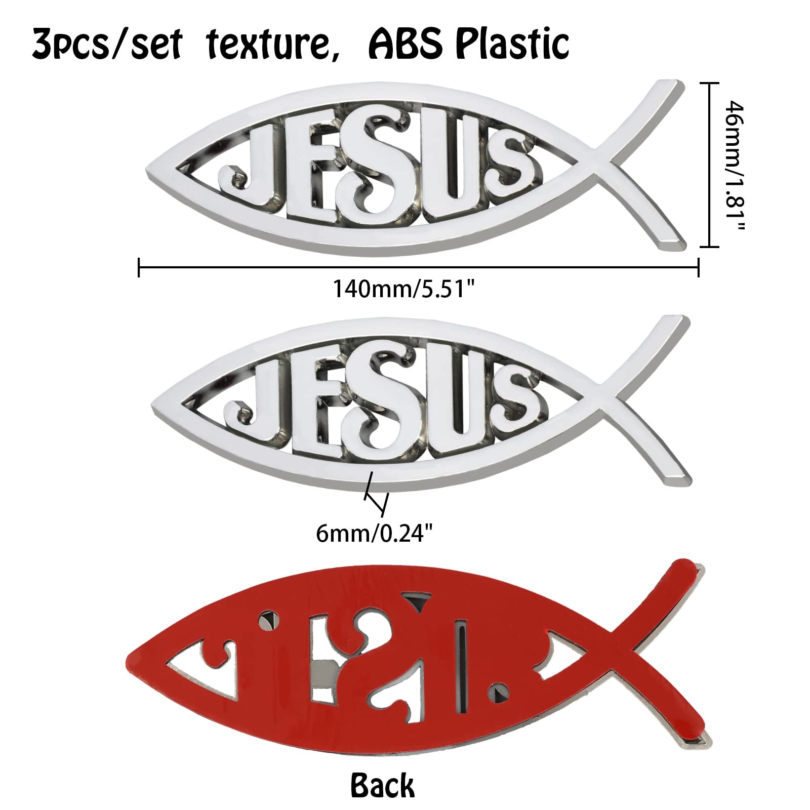 3PCS Silver Jesus Fish Car Emblem 5.5×1.8in Plastic Christian Fish Sticker fo…