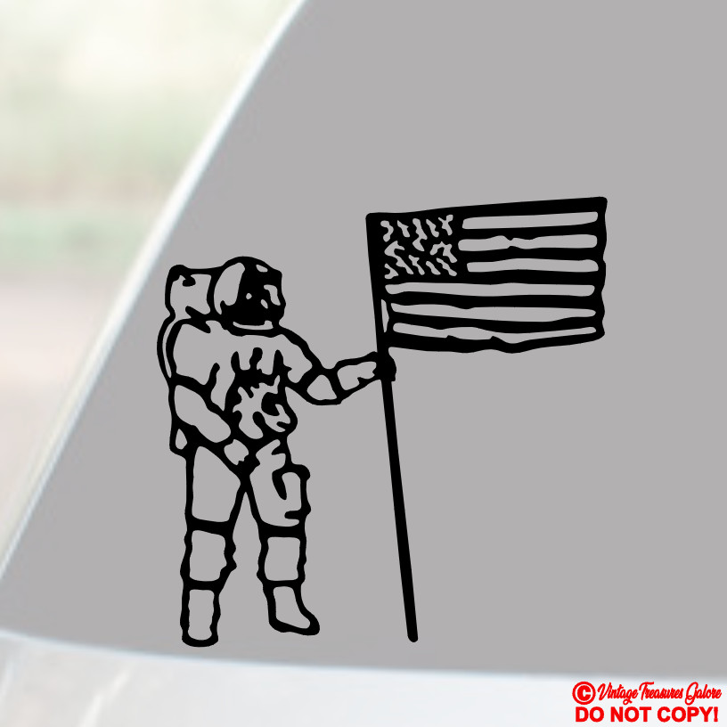 ASTRONAUT HOLDING AMERICAN FLAG Vinyl Decal Sticker Car Window Bumper MOON WALK