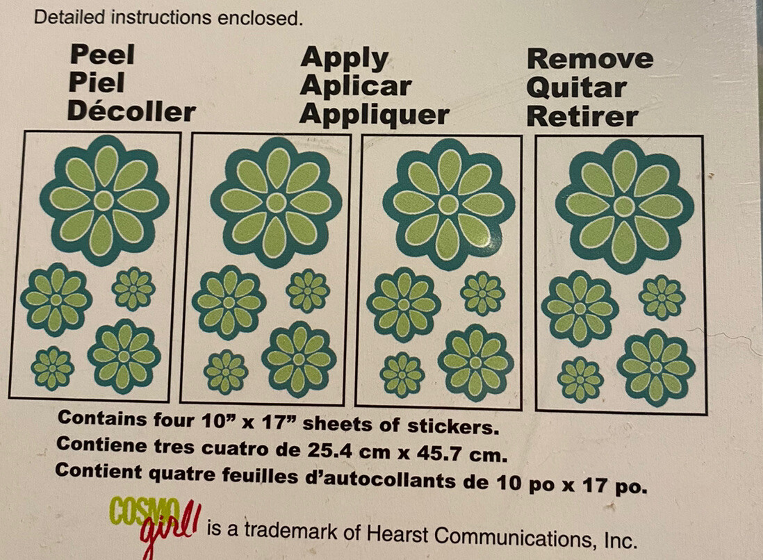 Cosmo Girl Flirt Flower Power Room Appliques 20 Stickers Blue and Green NEW