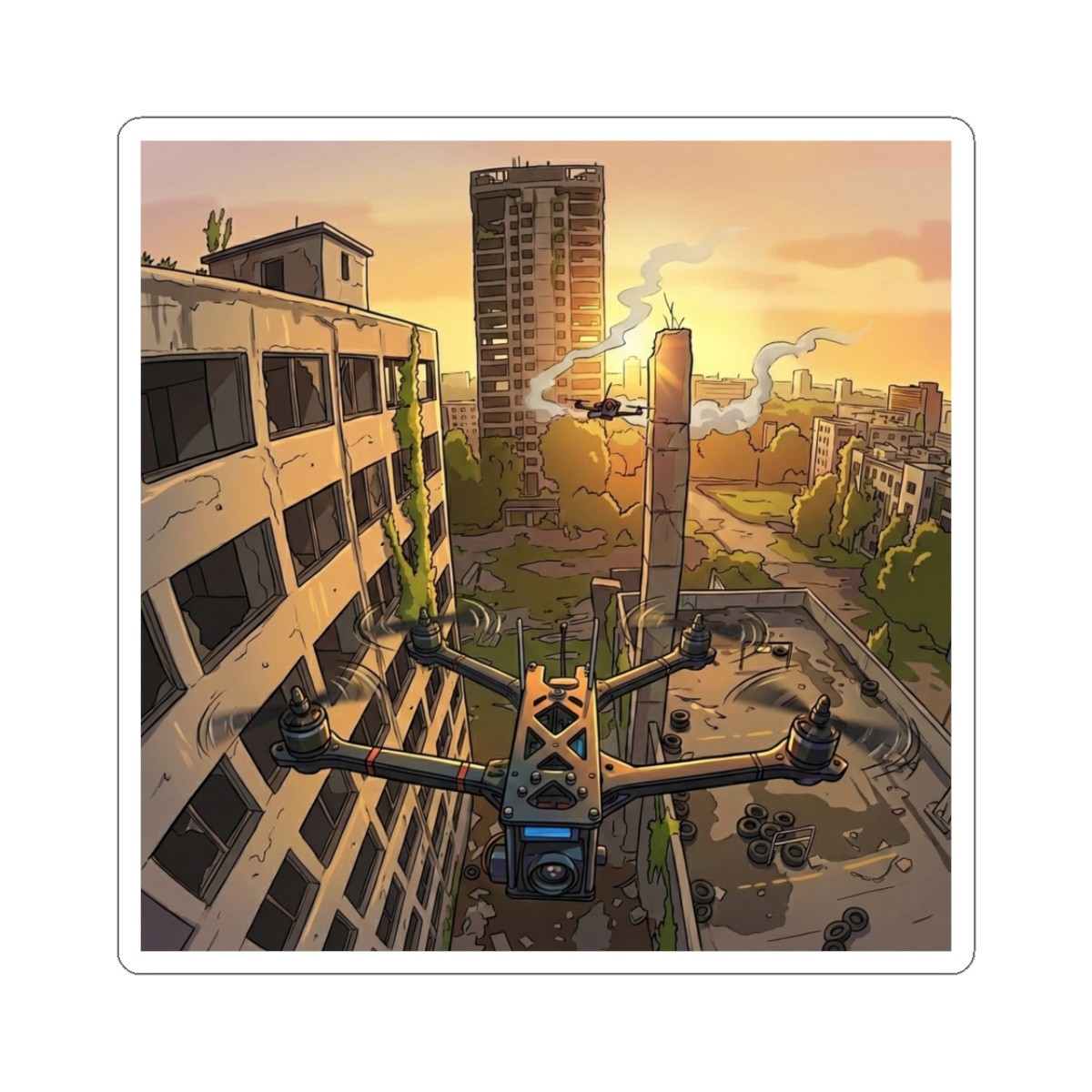 Drone Over Abandoned City Kiss-Cut Stickers | Urban Exploration Sticker