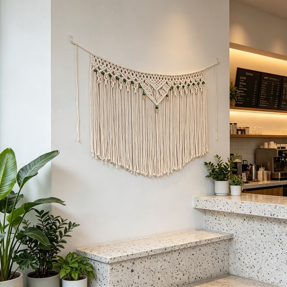 Hand Woven Boho Cotton Tapestry Wall Hanging for Living Room 100x65cm Beige