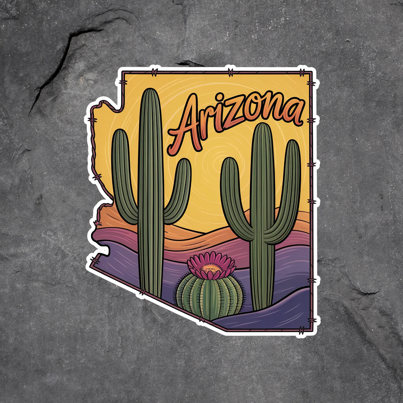 Arizona Sticker Vinyl Decal Cactus Desert Sunset Retro State Outline Art