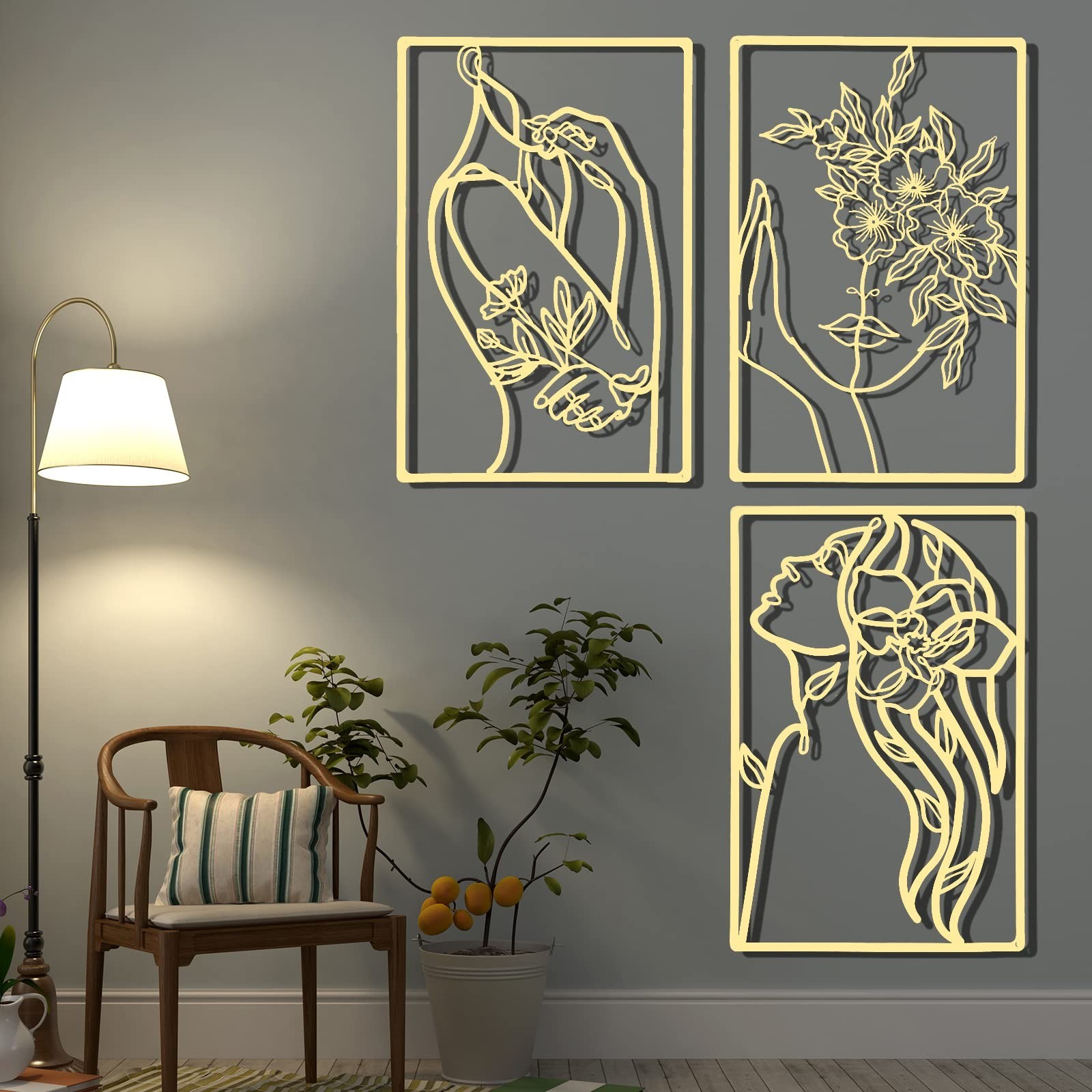 CHENGU 3 Pieces Gold Wall Decor Minimalist Wall Art Metal Line Wall Art Wall …