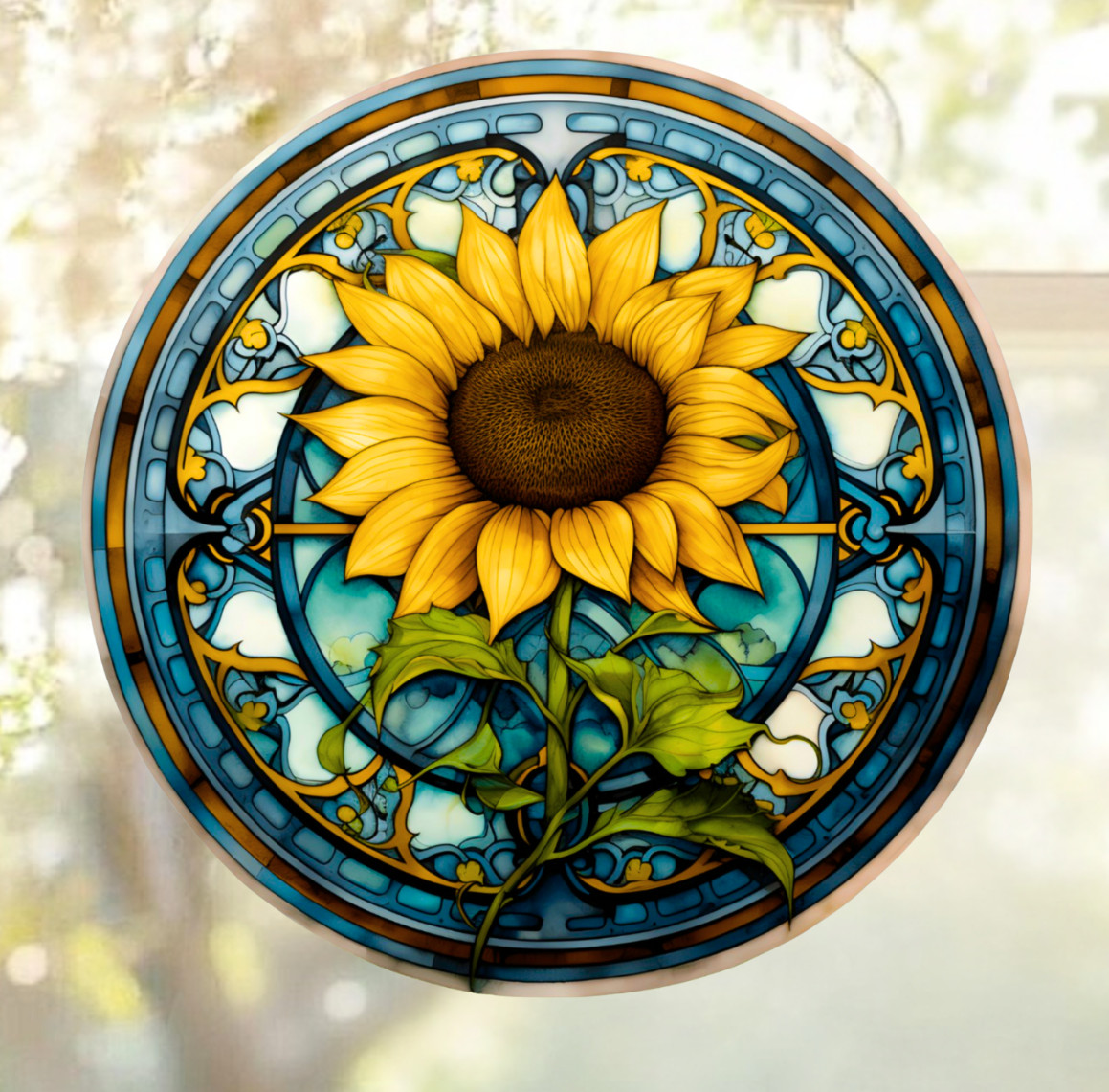 Sunflower Faux Stained-Glass WINDOW CLING Sun-catcher Size 8" Round Vinyl