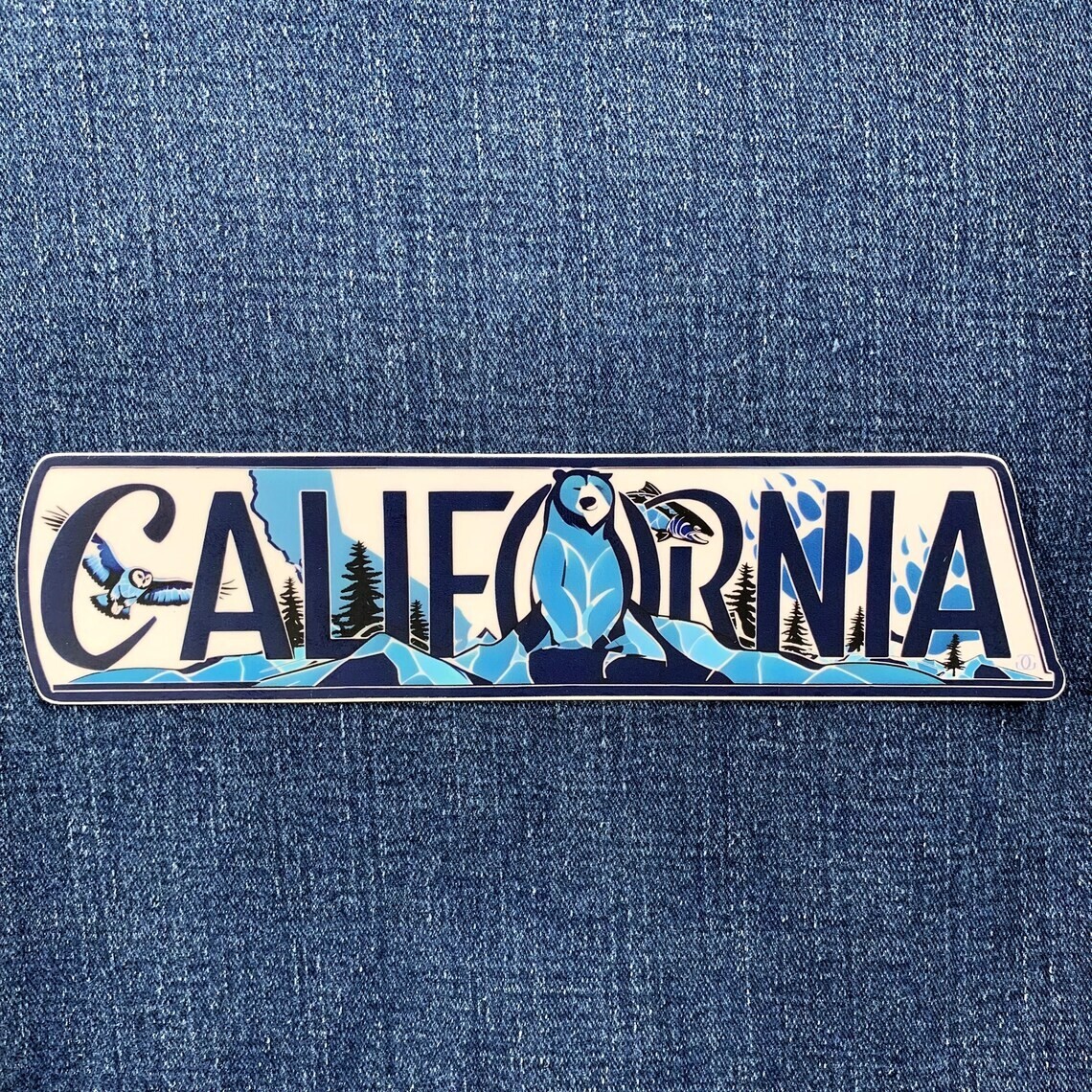 California Sticker – Forest Nature Mountains Bear Owl Salmon Vinyl Decal 7.5"