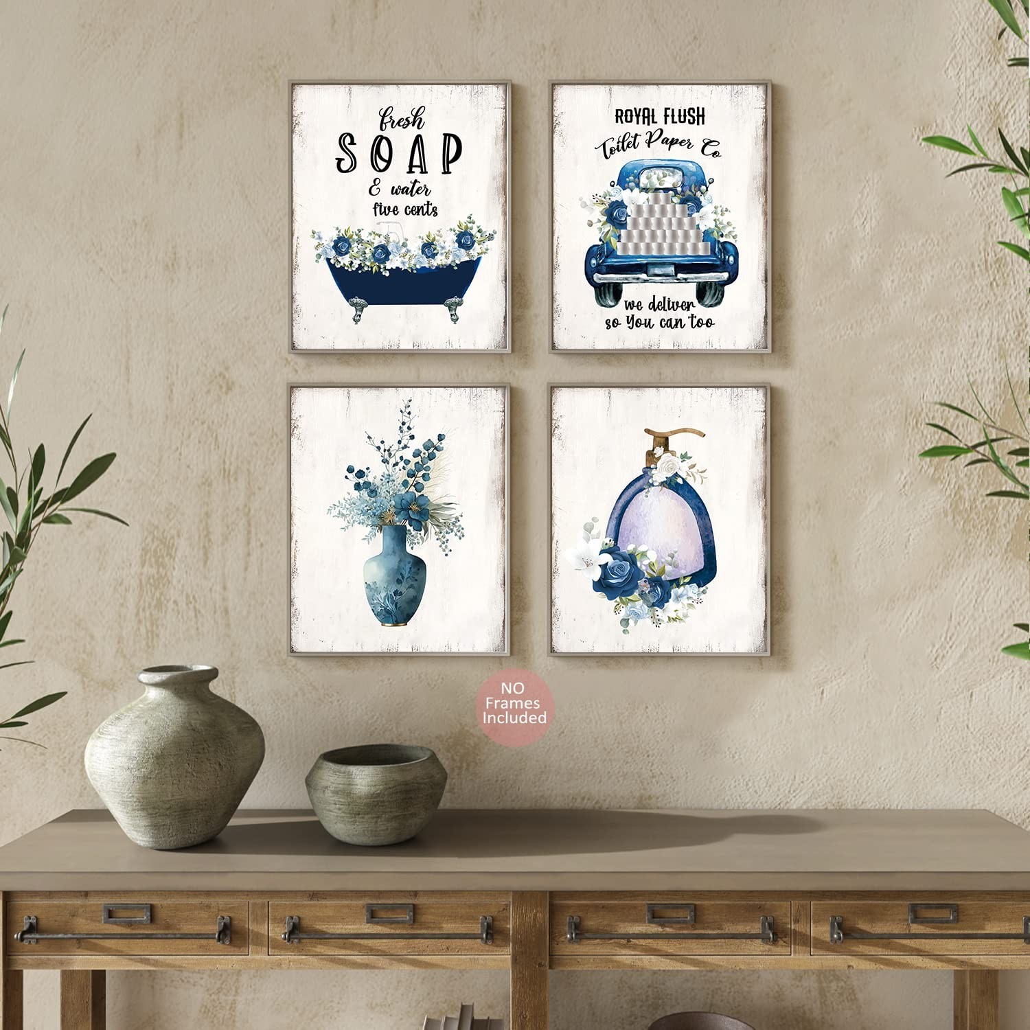 Funny Wall Art Poster, Blue Bathroom Decor, Navy Flowers Pictures, Rustic Vin…