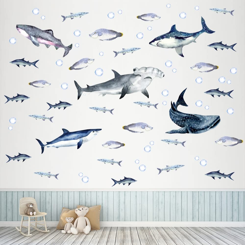 Buiory Sharks Wall Stickers Watercolor Decals Peel and Stick E