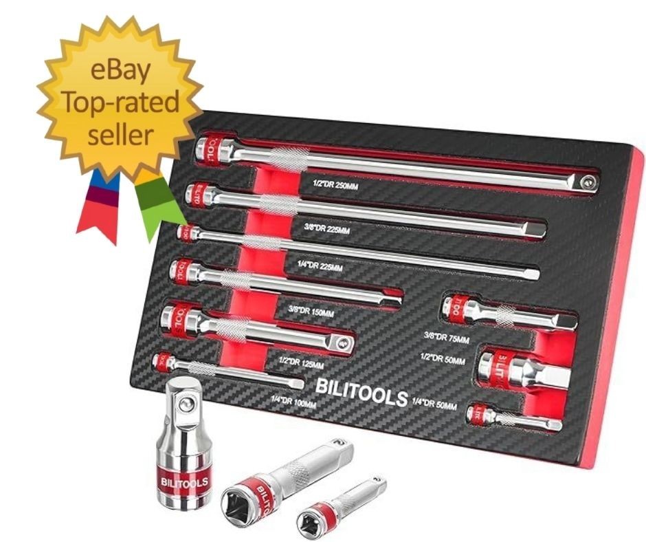 9 PCS Ratchet Extension Set, 1/4" 3/8" 1/2" Drive Extension Set, CR-V Steel wit