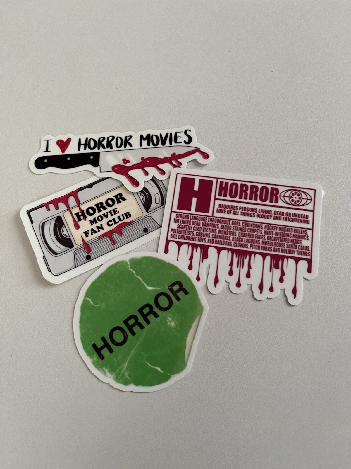 Horror Sticker Pack Glow in Dark 4pc | Creepy Cute VHS Knife Waterproof Stickers