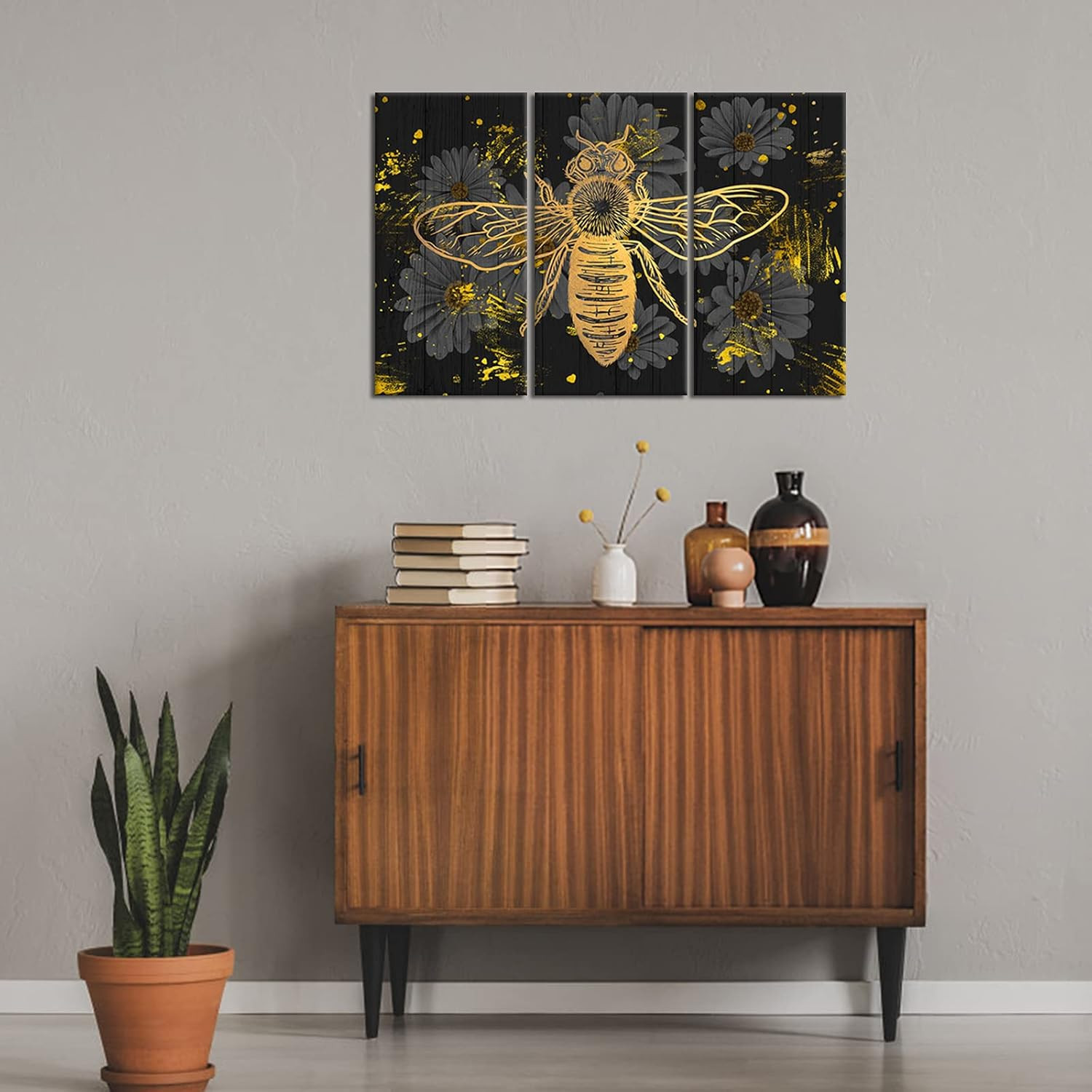 Bee Canvas Wall Decor Bumblebee Honey Daisy Flower Painting Picture Black and Go