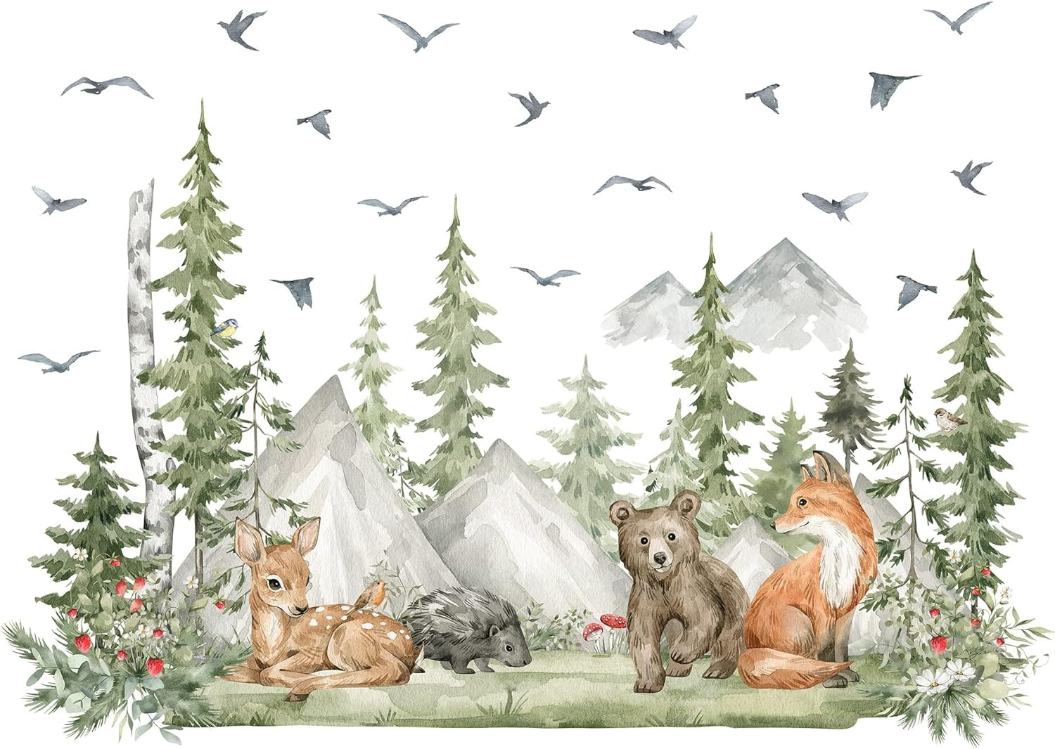Amaonm 4 Sheet of 12X36 Inch Giant Mountain Forest Tree Wall Decal Woodland Deer