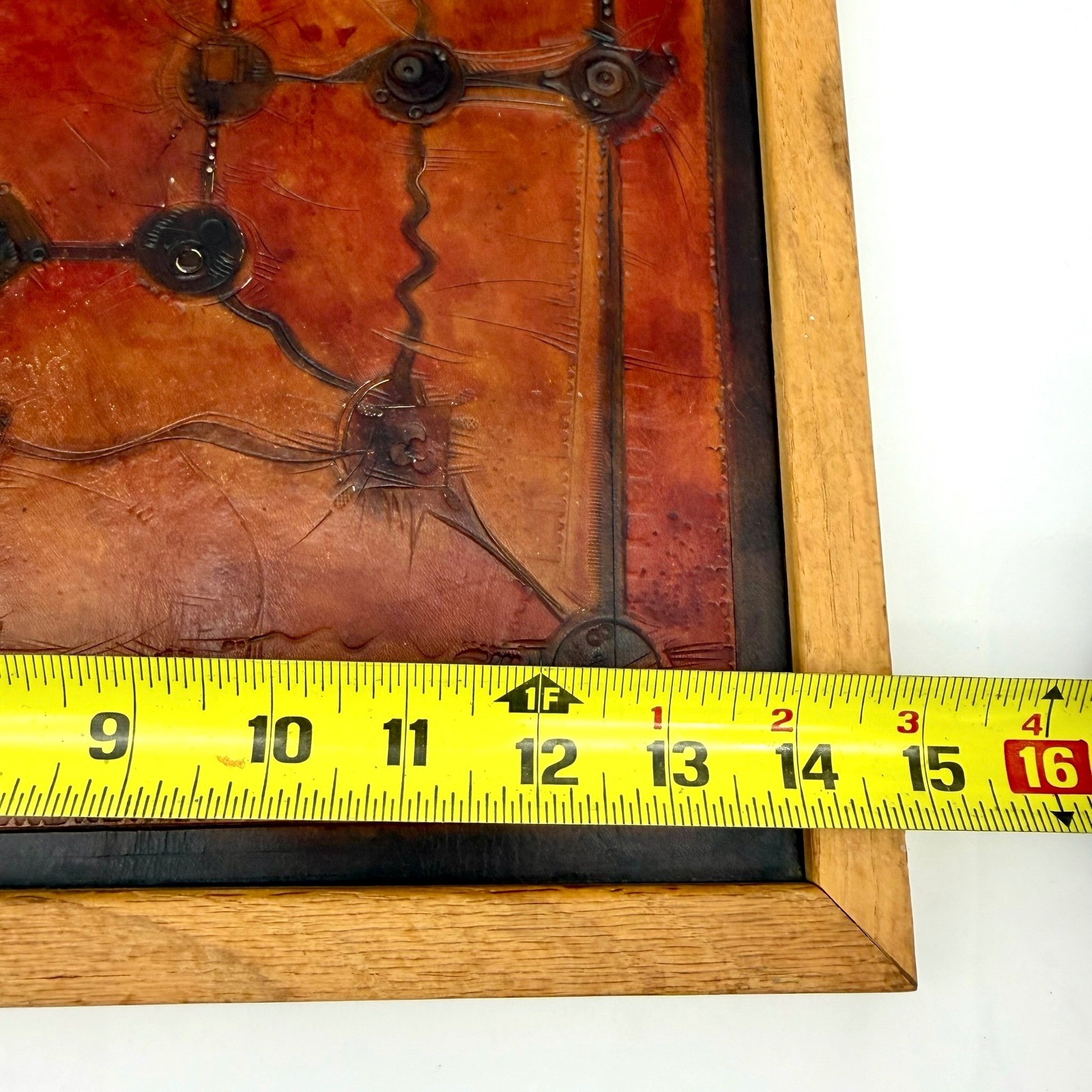 Vintage Tooled Leather Abstract Geometric Brutalist Wall Art Signed 96