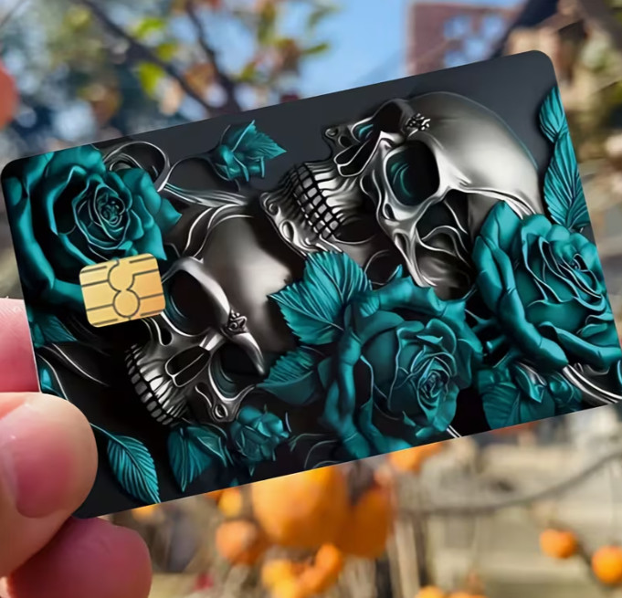 One Debit Credit Card Skin Sticker Decal with Chip Floral Teal Roses & Skulls
