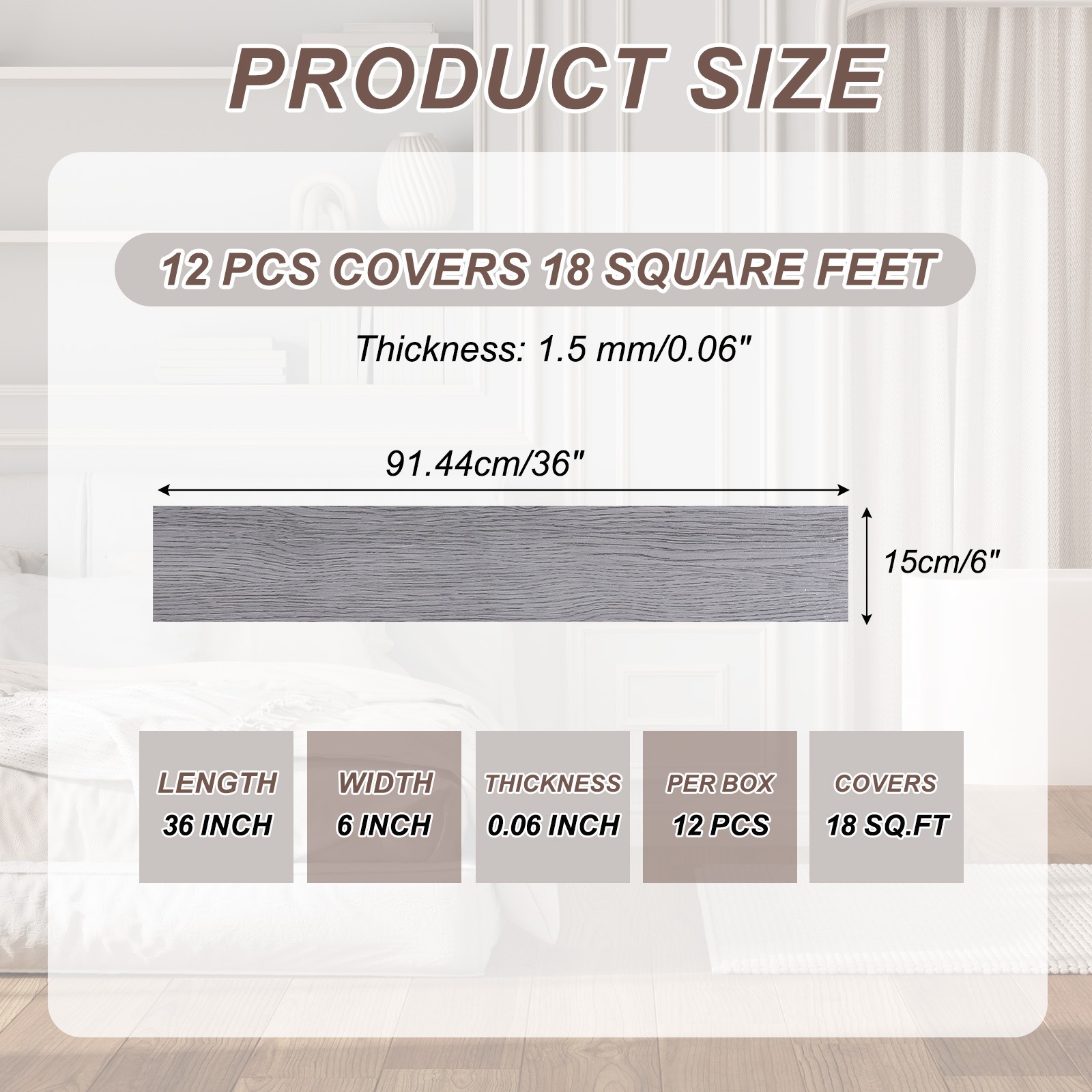 12pcs 36×6" Wood Effect PVC Floor Adhesive Tiles, Light Brown