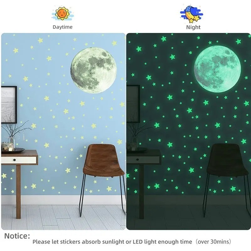 103PCS Glow in the Dark Moon Stars Wall Stickers Kids Bedroom Ceiling