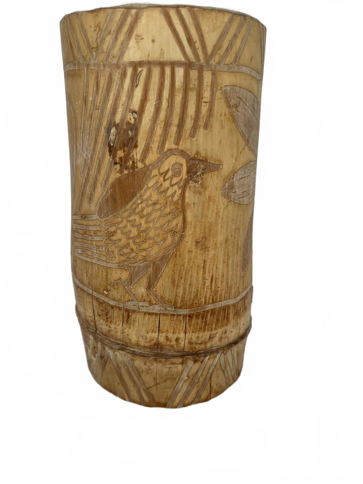 Handcrafted Vintage Hand Carved Bamboo Tiki Cup Vase Etched with Nature Designs