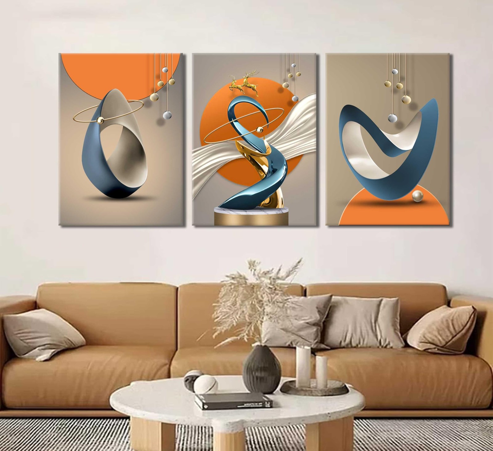 3 Pcs Bright Style Canvas Wall Art Modern Abstract Golden Deer Luxury Foil Li…