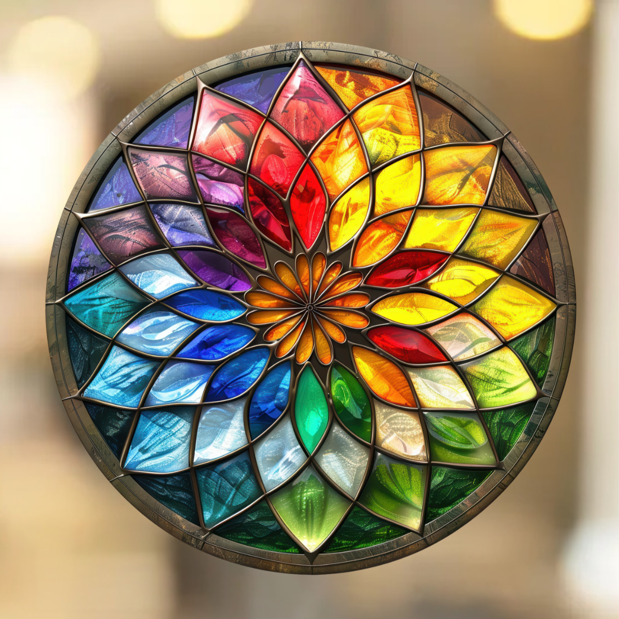 Rainbow Star Flower Faux Stained-Glass WINDOW CLING Size 8" Round Vinyl