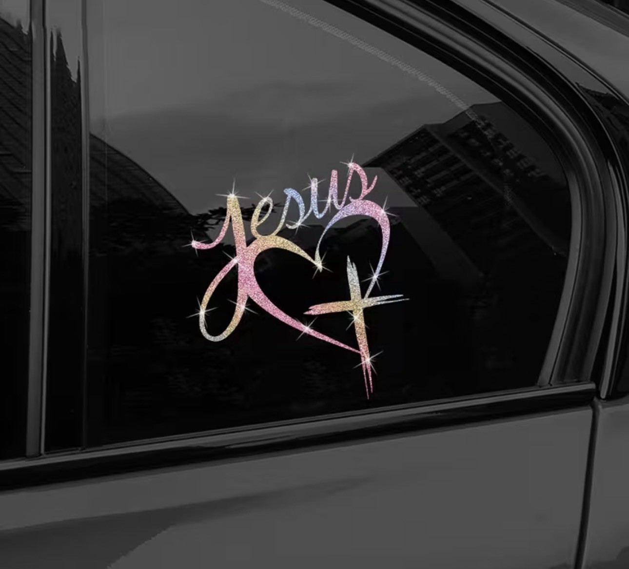 RAINBOW METALLIC GLITTER CROSS HEART 5.5” Jesus Vinyl Sticker Decal Christian