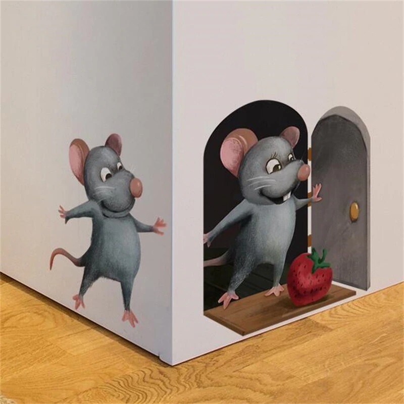 3D Mouse Hole Realistic Wall Sticker Cartoon Decal Fun Art Kids Vinyl Home Decor
