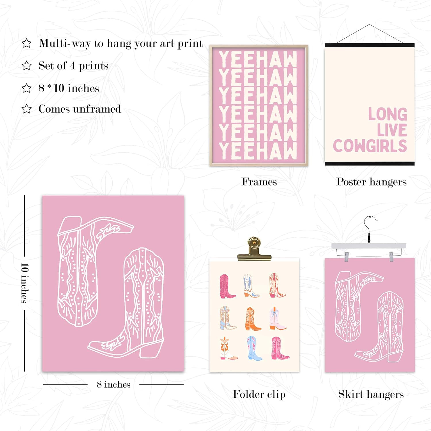 Pink Preppy Western Long Live Cowgirls Boot Wall Art Room Decor,Trendy Cowgirl Y