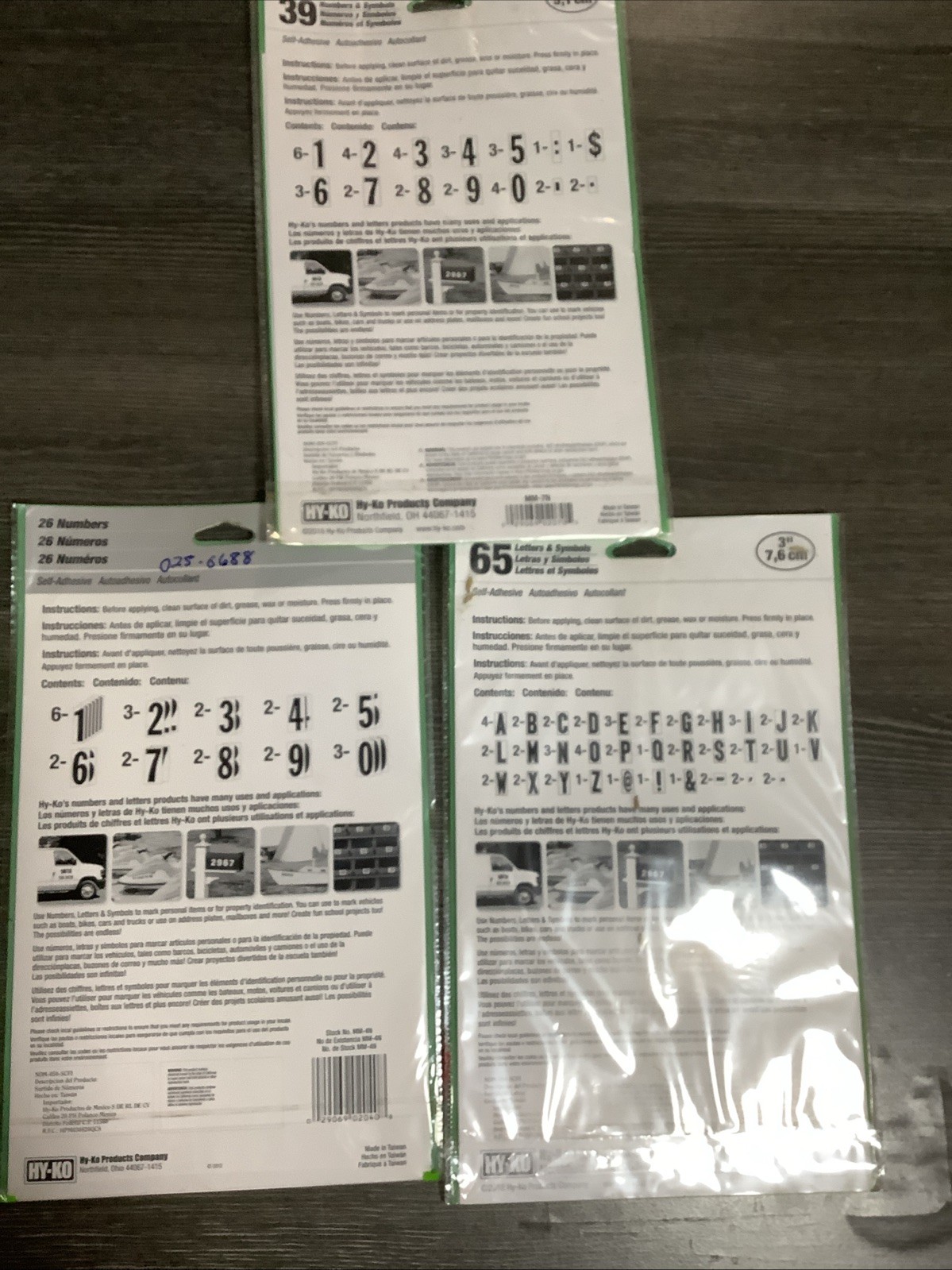 NEW HY-KO MM-4N BLACK & WHITE 3" NUMBERS/LETTERS STICK ON ADHESIVE Lot Of 3