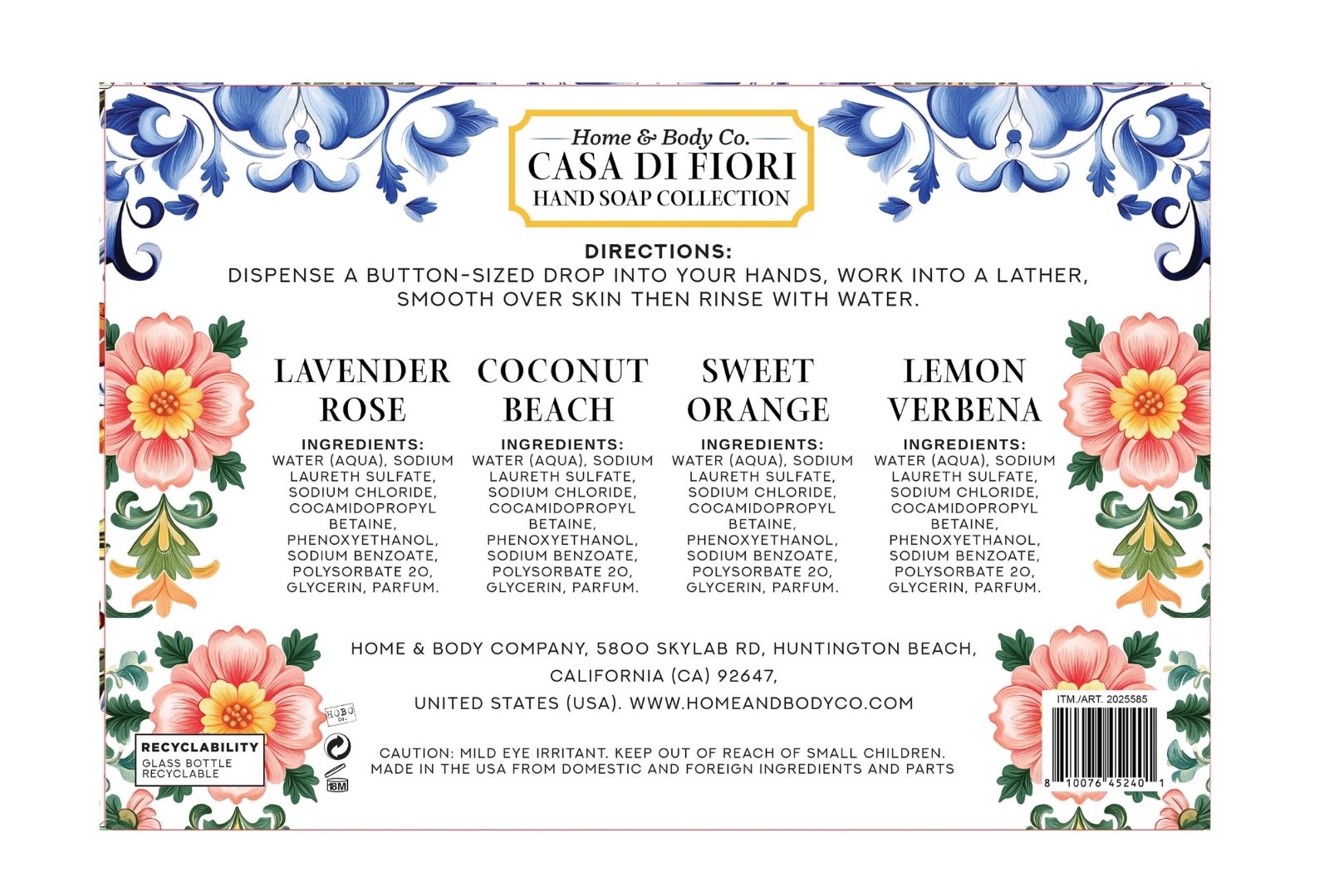 Home & Body Co. Casa Di Fiori Hand Soap Collection Set of 4, 19.5 Fl Oz (576 Ml)