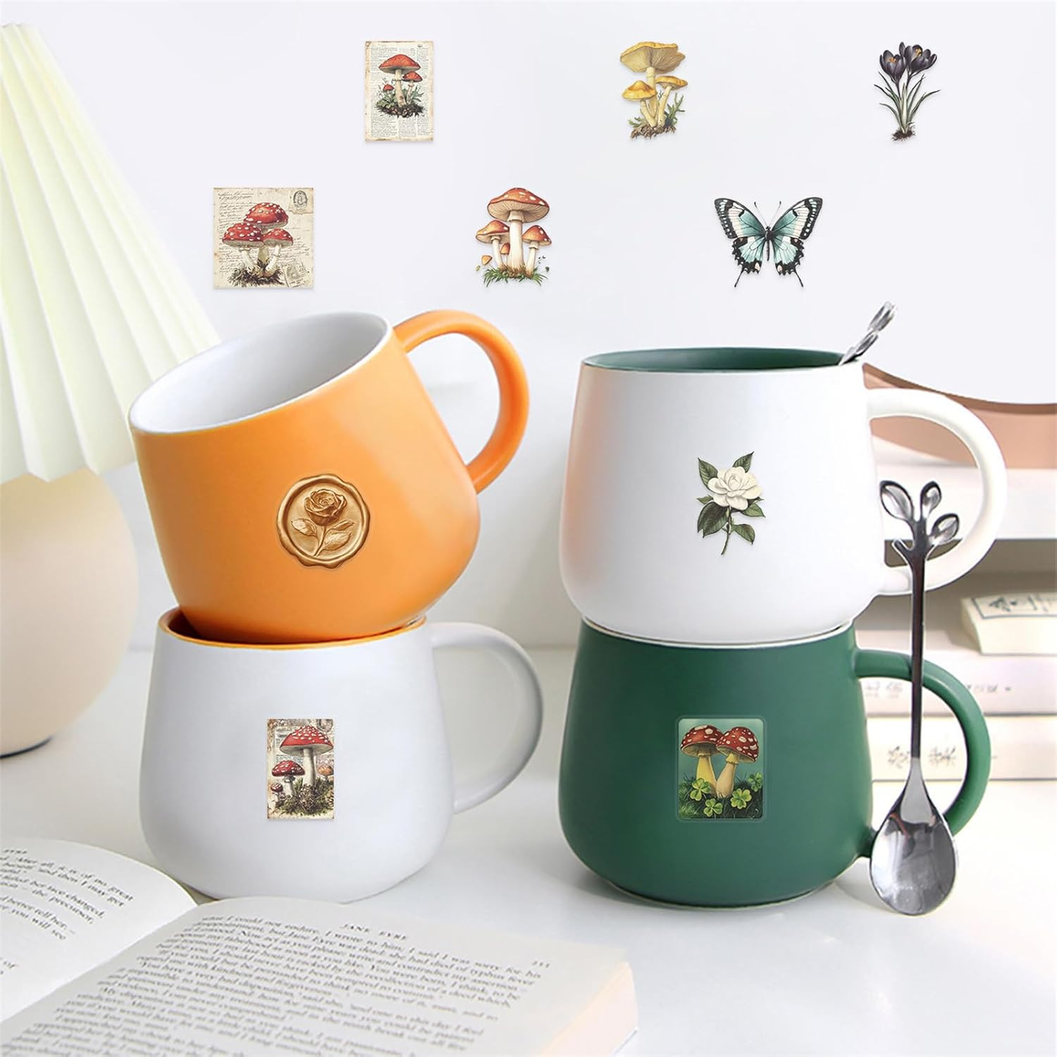 50PCS Vintage Mushroom Stickers PET Transparent Stickers Retro Flora and Fauna D