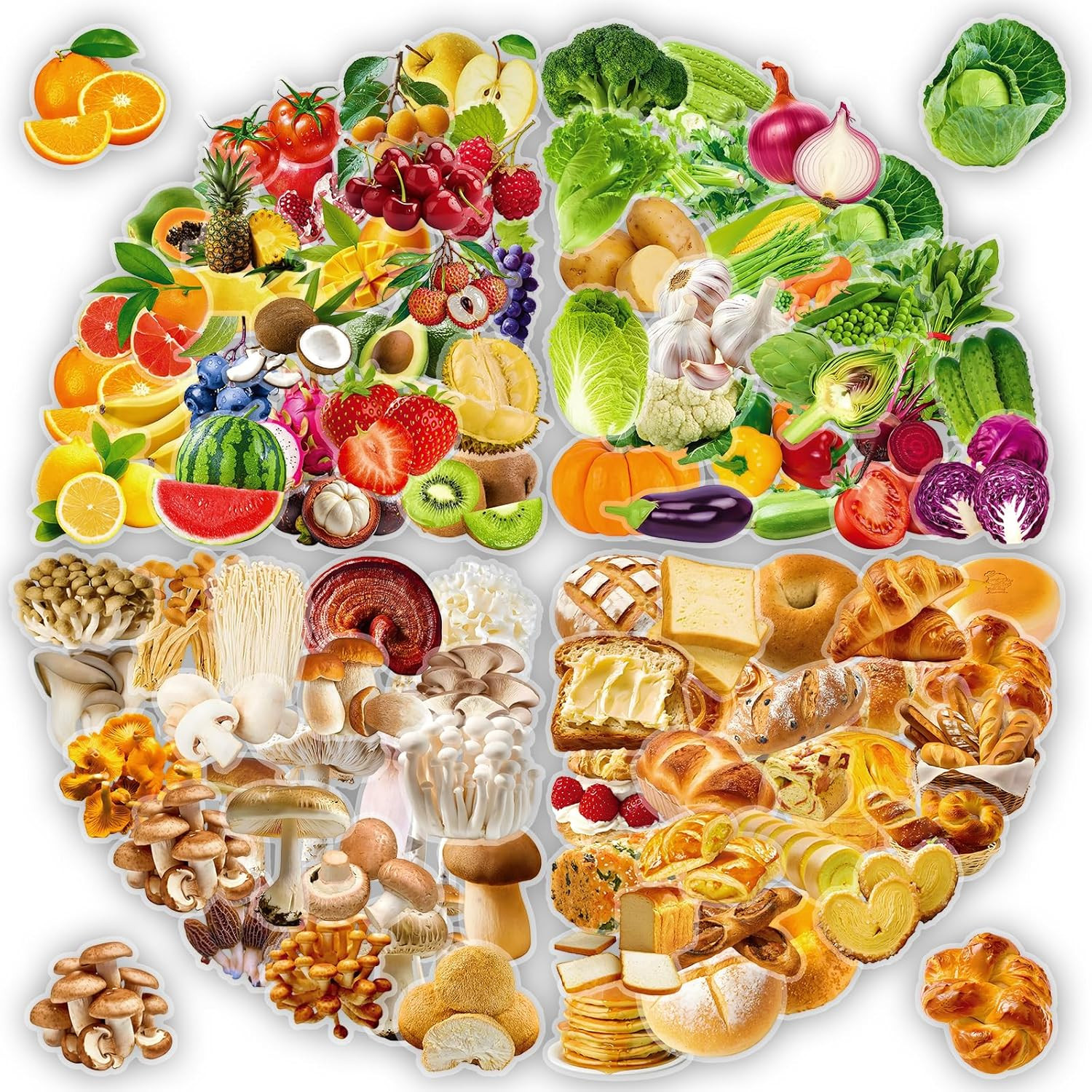 200Pcs Transparent Food Stickers – Fruit, Vegetable, Bread, Mushroom Decals