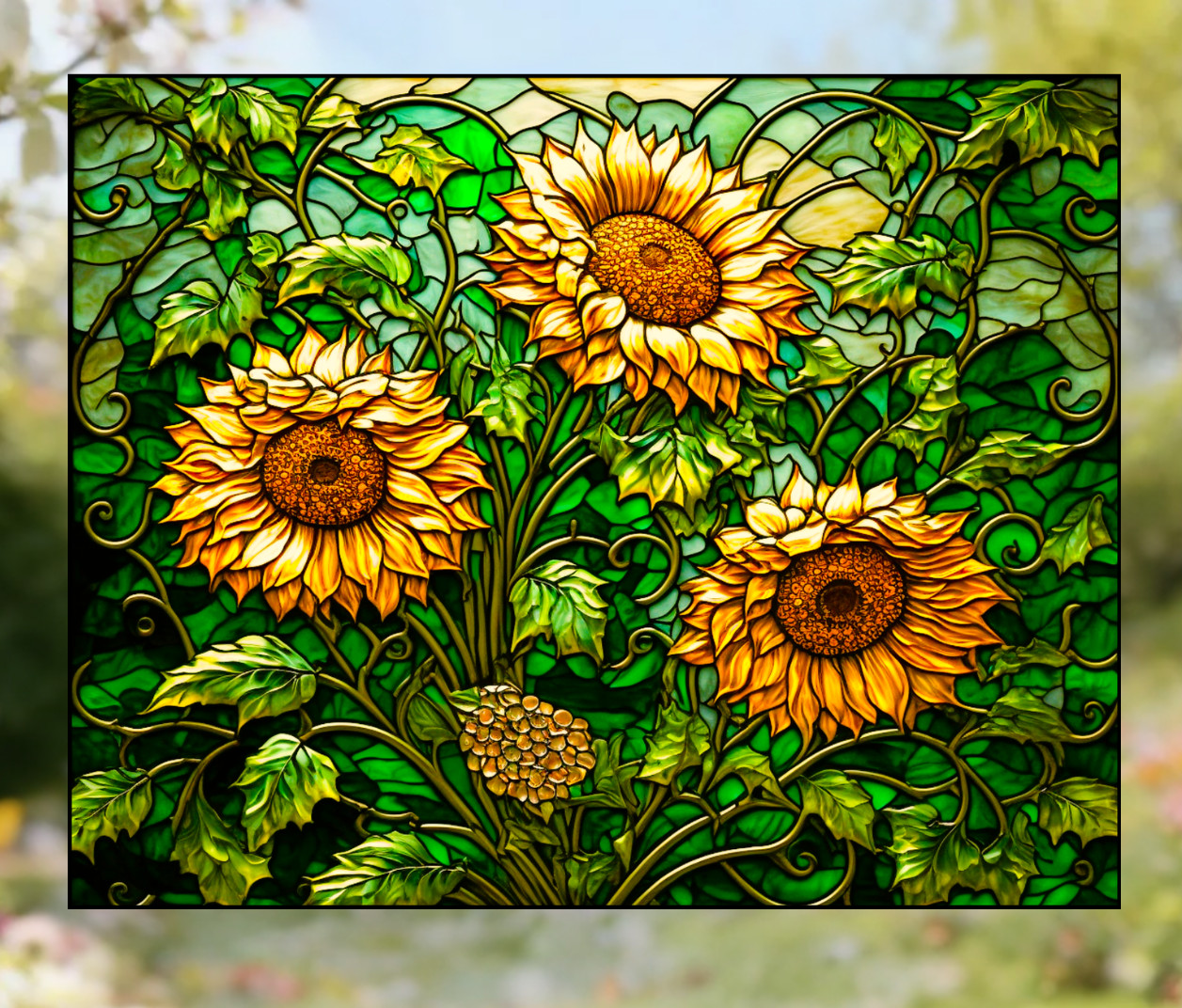 Wild Sunflowers Faux Stained-Glass WINDOW CLING Size 10" Repositionable Vinyl