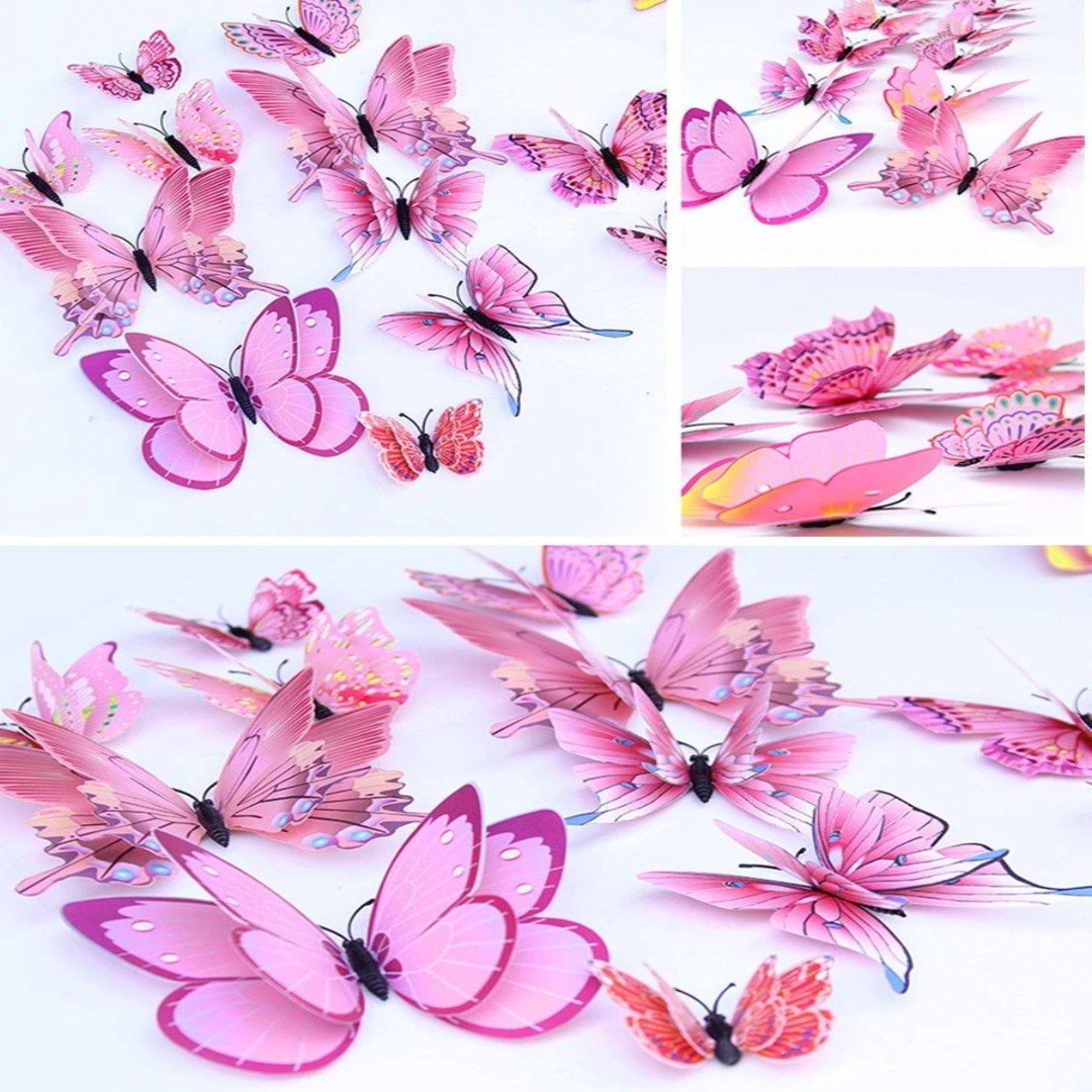 3D Butterfly Wall Stickers 12pc Pink PVC Magnet Decals Double Layer Bedroom Home