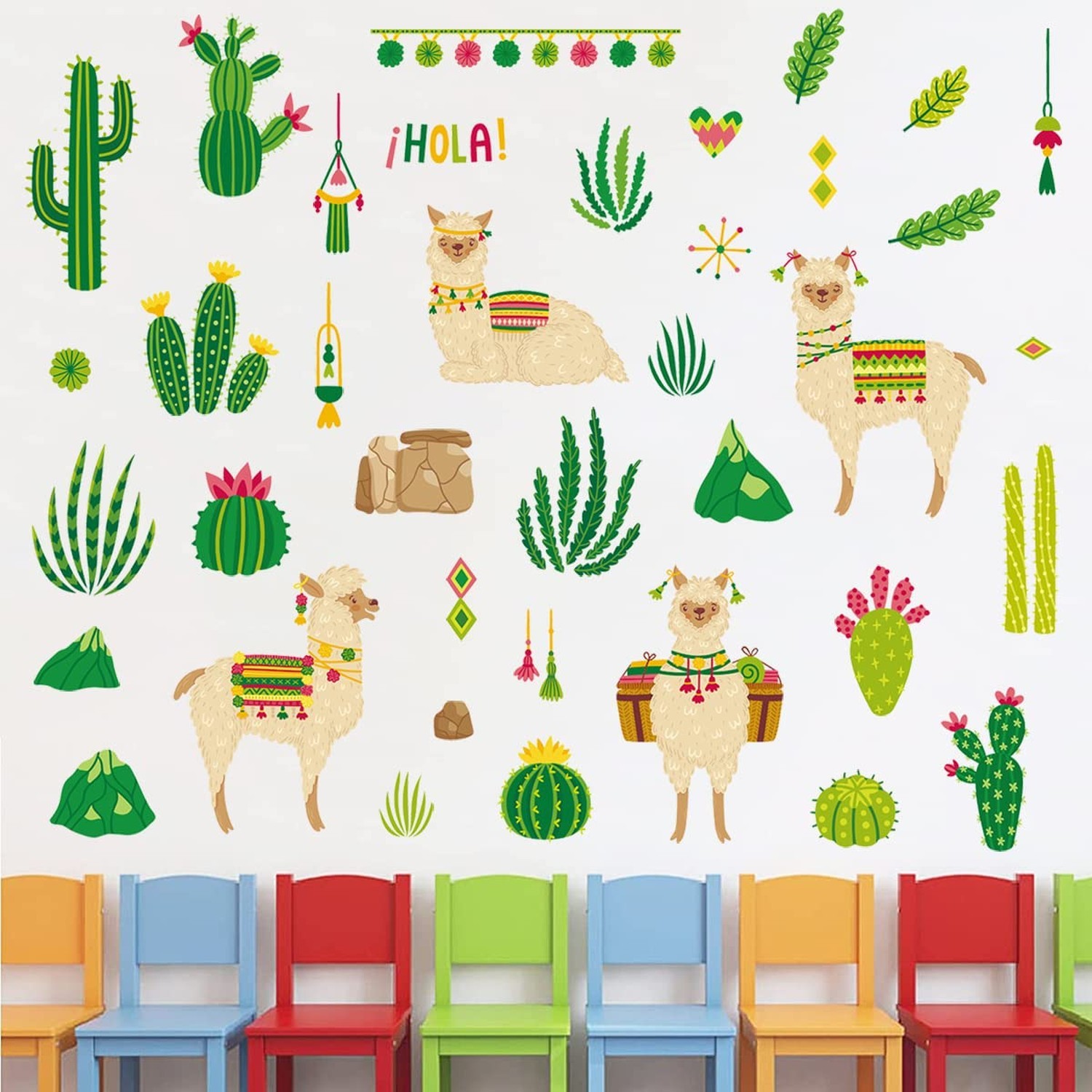 Colorful Alpaca Llama Wall Decal Stickers, DIY Desert Plants Cactus Leaves St…