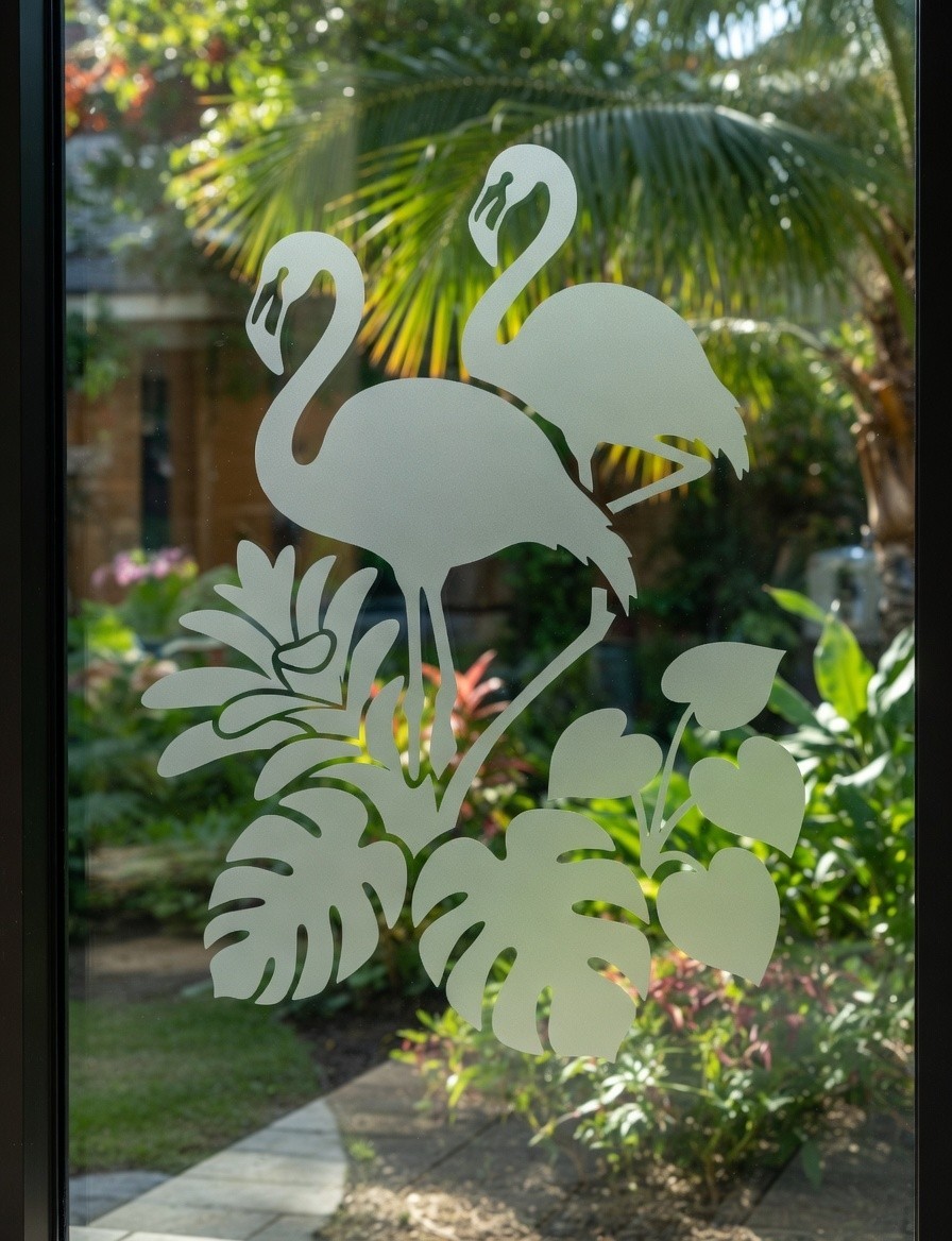 Flamingo Tropical Etched Glass Look Decal Shower Door Windows 22" wide x 30"