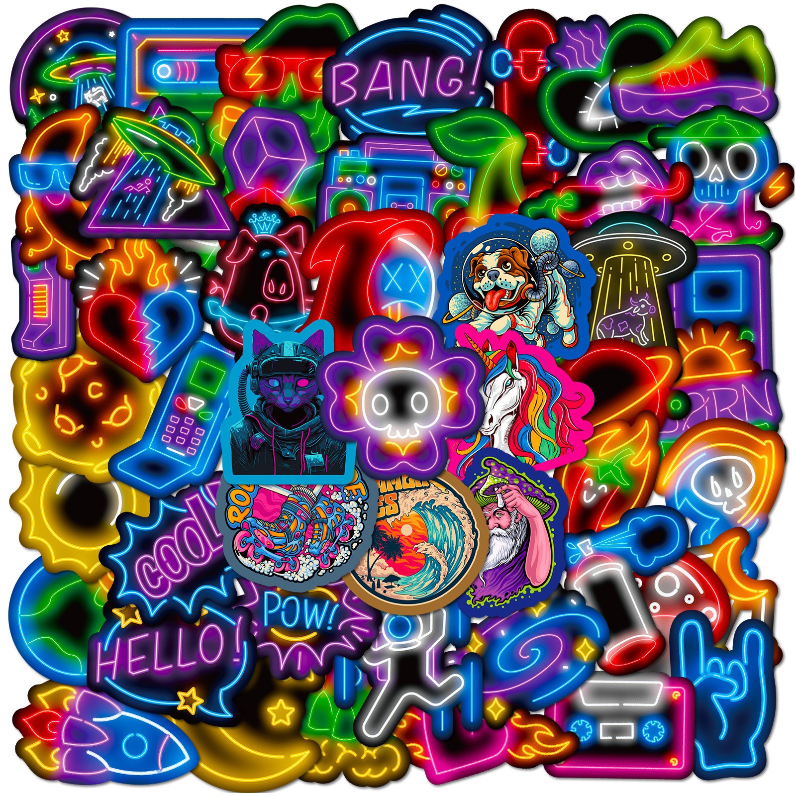 50pcs Waterproof Vinyl Stickers Variety Neon Style Luggage Phone Laptop Fridge
