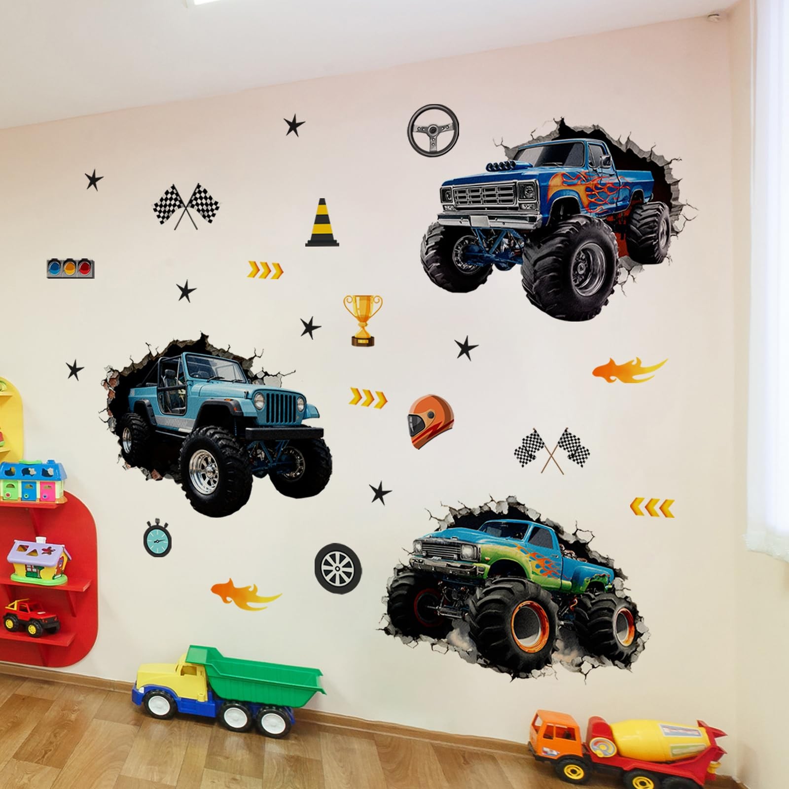 3D Monster Truck Wall Decal Trucks Break Through Wall Sticker Self Adhesive W…