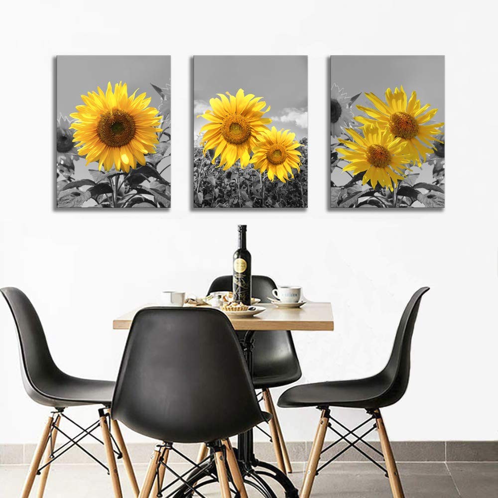 Sunflower Wall Art for Living Room Black White Flowers Wall Decor Yellow Flor…