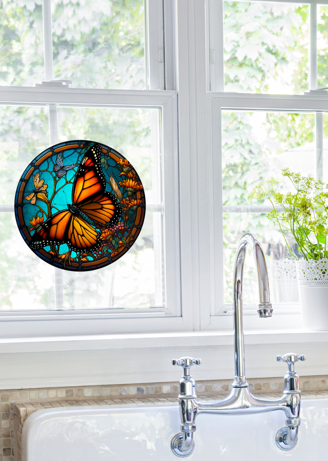 Monarch Butterfly Faux Stained-Glass WINDOW CLING Size 8" Round Vinyl