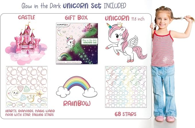 Glow in The Dark Unicorn Rainbow, Castle, Moon & Stars Vinyl Stickers Wall Decor