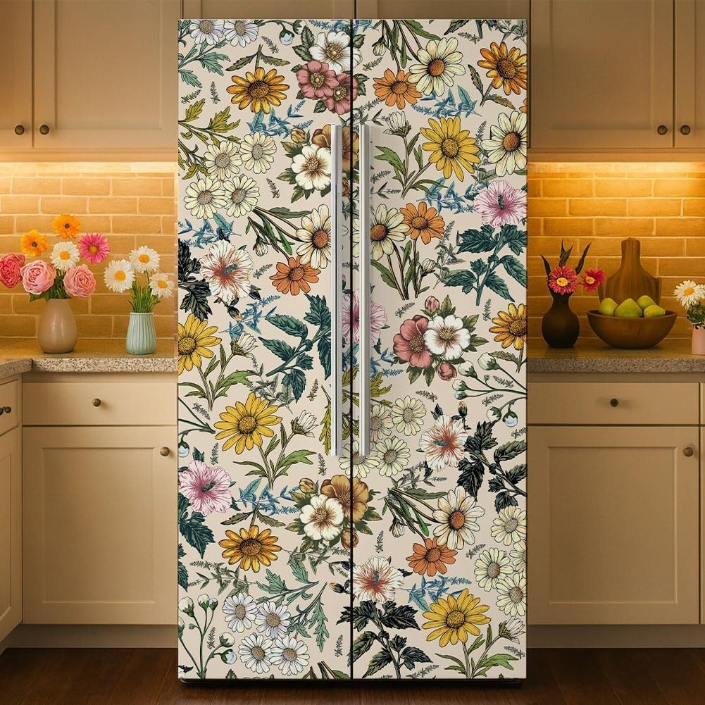 2 Pcs Retro Flower Removable Refrigerator Wraps, Self-Adhesive Fridge Sticker…