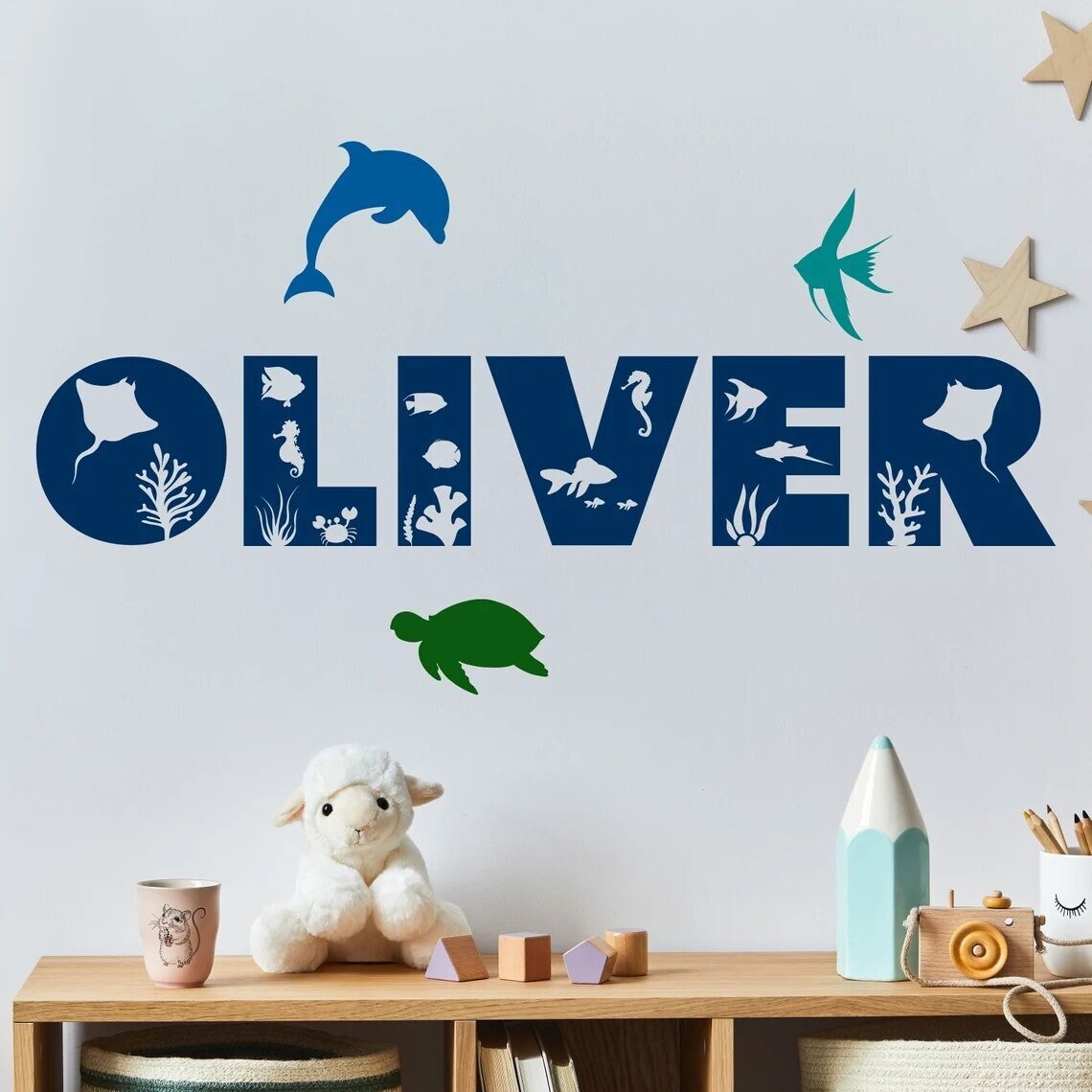Custom Ocean Name Wall Decal, Ocean Theme Bedroom, Nursery Bedroom Decor,