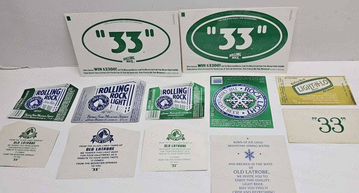 Latrobe Brewing Rolling Rock New 33 Oval Sticker & 5 UNUSED Bottle Labels