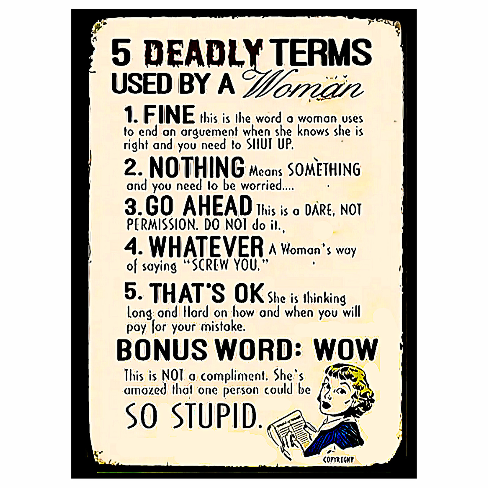 Funny Five Deadly Terms Used By A Woman Sticker Sign Gloss Finish 4 Sizes