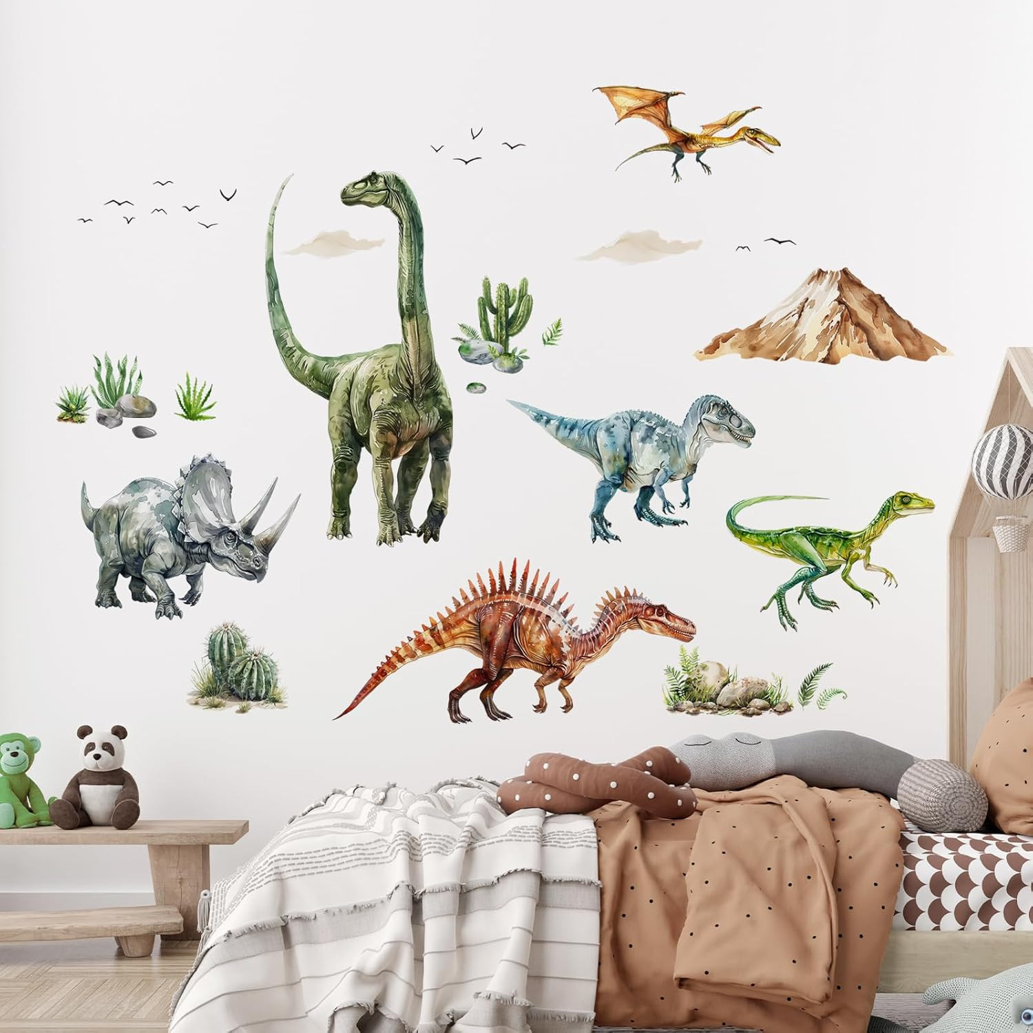 Dinosaur Wall Decals, Large Dino Wall Stickers Volcano Tropical Plants Cactus Pe