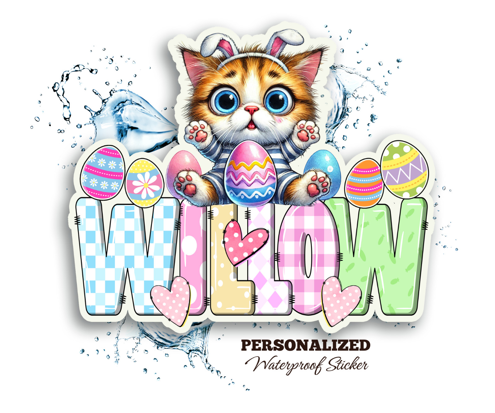 Personalized Easter Cat Name Sticker, Waterproof Vinyl Decal, Cute Gift for Kids