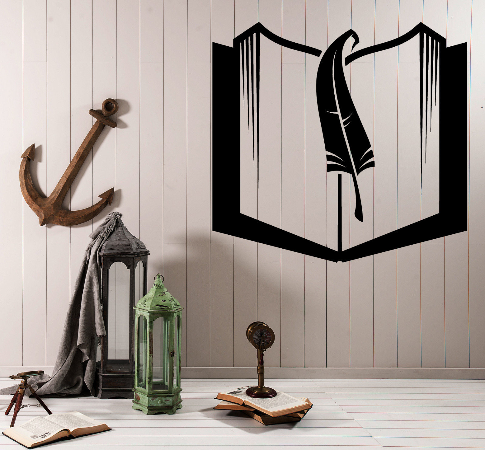 Wall Vinyl Decal Old Book and Feather Pen Romantic Decor z4711