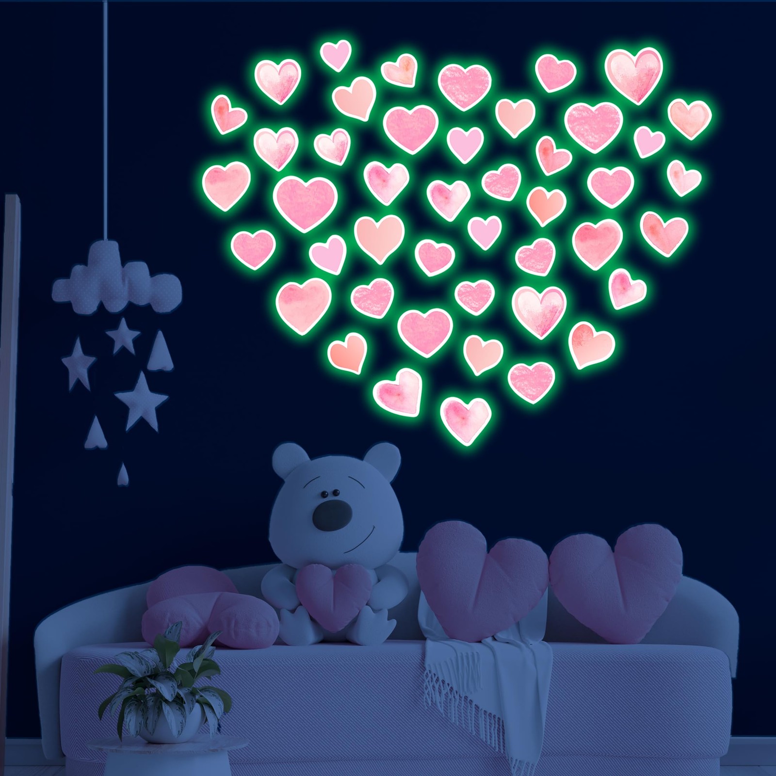 42 pcs Pink Heart Shape Wall Stickers for Girls Bedroom，Glow in The Dark Kids…